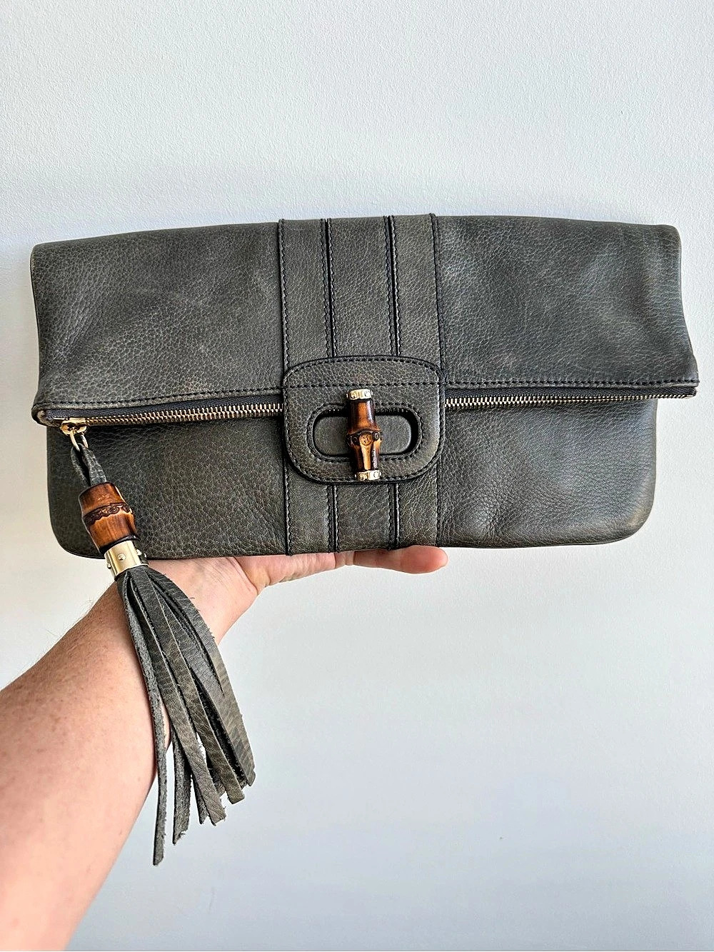 Gucci Grey Leather Bamboo Fold-Over Lucy Clutch Bag